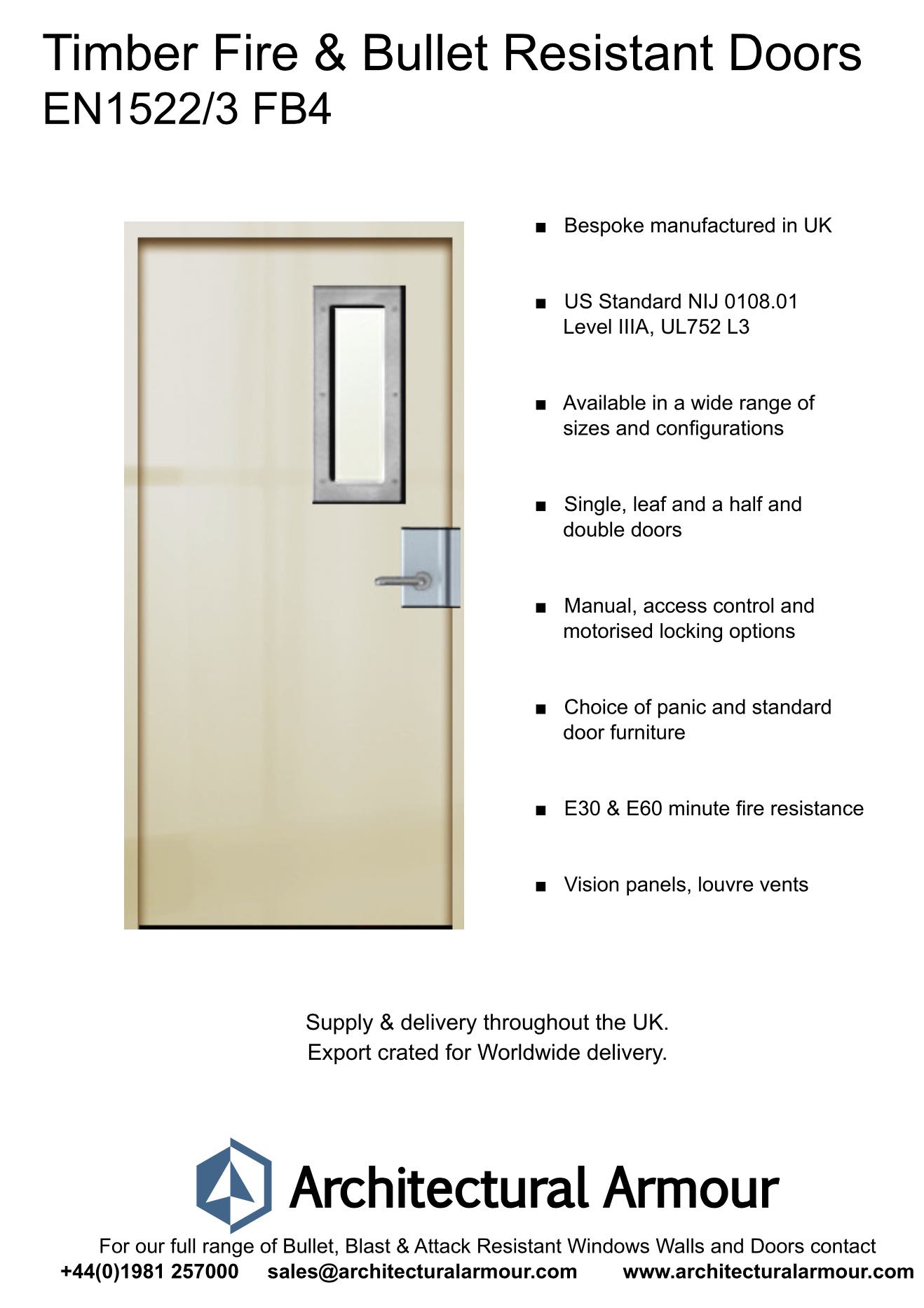 Architectural Armour BS EN 1522/3 FB4 Bullet Resistant Timber Fire Doors